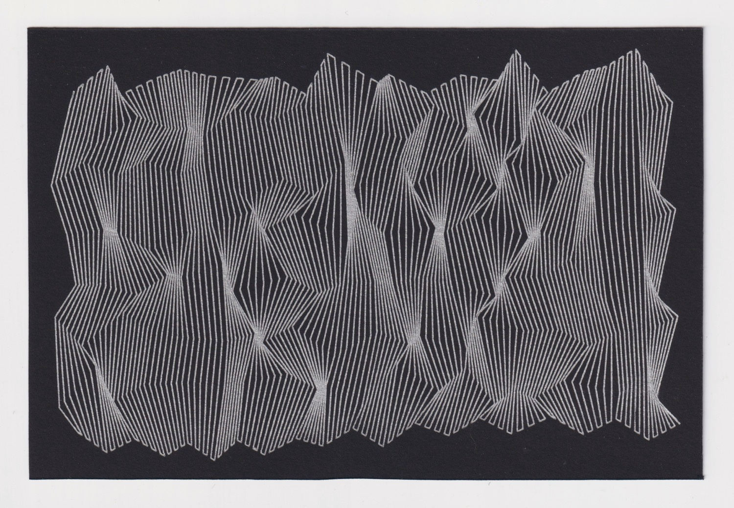 black paper postcard with a silver ink drawing of cascading angular lines 1/3