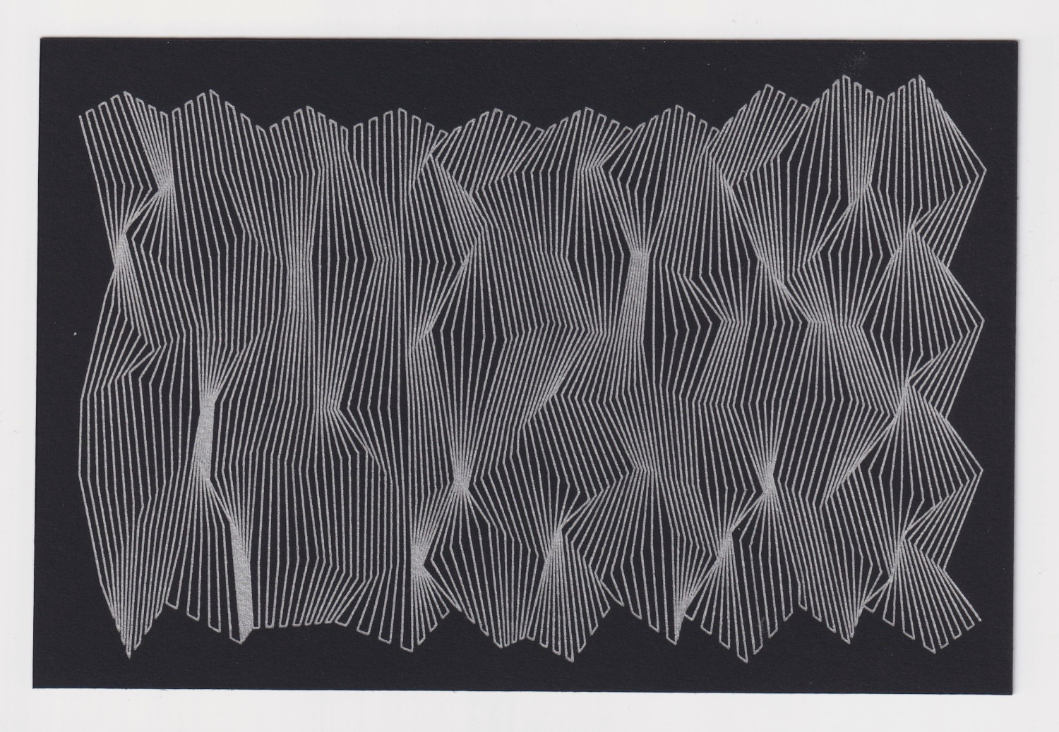 black paper postcard with a silver ink drawing of cascading angular lines 2/3