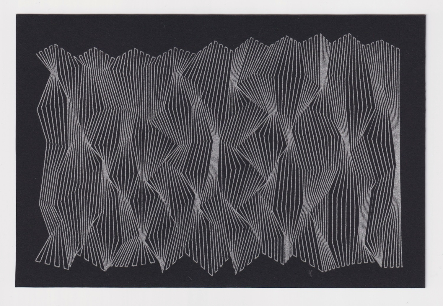 black paper postcard with a silver ink drawing of cascading angular lines 3/3